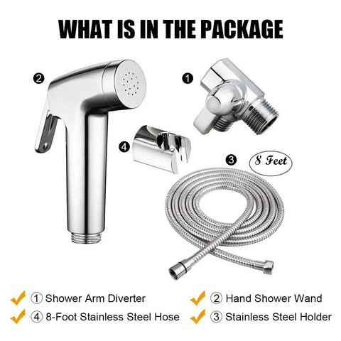 Pet Shower Attachment Kit With Handheld Sprayer, 8Ft Flexible Stainless Steel Hose, Shower Arm Diverter visible in package.