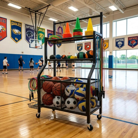 Heavy Duty Rolling Storage Rack And Athletic Gear Cart With Mesh Shelves Iron Frame For Gym Basement Garage Setup, filled with sports balls and cones.