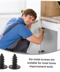 Straight Up Kickass 100 Pack Miniature Metal Furniture Screws used by a handyman for cabinet assembly in home projects.