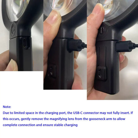 Hands Free Neck Magnifier With Light 10X 5.2 Inch Loupe, 36 LED Brightness Levels, USB-C charging shown in hand.