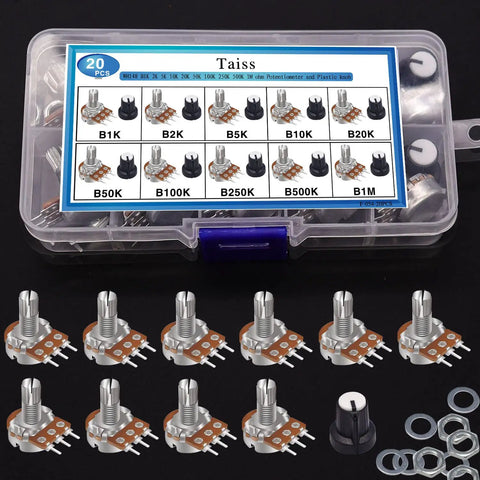 Must Have All In One Potentiometer Kit With Rotary Knobs And WH148 Linear Pots 1K To 1M Ohm 40 Value Assortment Single Linear Taper B Type Includes Nuts And Washers Great For Audio Gear DIY Pedals Soldering Projects