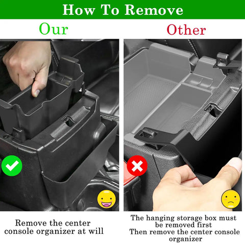 Comparison of Center Console Organizer Kit For Jeep Wrangler JL JLU And Gladiator JT 2018 2023 showing easy installation and removal method