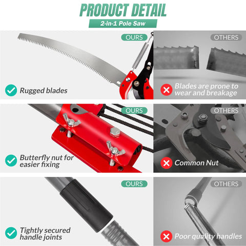 Features of 10 Ft Pole Saw For Tree Trimming With Steel Blade And Pruning Scissors Two In One Pro Grade Heavy Duty Manual Limb Cutter