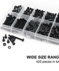 M3 Black Nylon Screw And Bolt Assortment Featuring Pan And Round Heads Heavy Duty Plastic Fasteners Zero Sweat Labeled Storage Tray with 420 pieces.