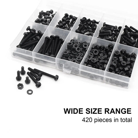 M3 Black Nylon Screw And Bolt Assortment Featuring Pan And Round Heads Heavy Duty Plastic Fasteners Zero Sweat Labeled Storage Tray with 420 pieces.