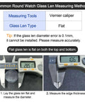 Calipers measuring Six Pack Watch Crystal Lenses 32.5mm Diameter Round Flat Mineral Glass Replacement Parts for watch repair.