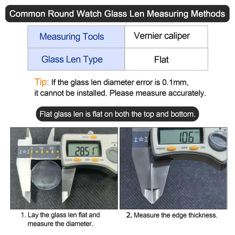 Calipers measuring Six Pack Watch Crystal Lenses 32.5mm Diameter Round Flat Mineral Glass Replacement Parts for watch repair.