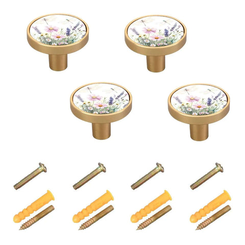 Gold Drawer Knobs Set Of 4 With Watercolor Wildflowers Round Cabinet Hardware Includes Screws High Gloss Acrylic Face