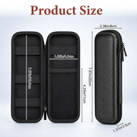 Heavy Duty EVA Hard Shell Pencil Case For Your Daily Grind Keeps Pens Styluses And Desk Gear Snug While You Ride dimensions showing black exterior and compartments.