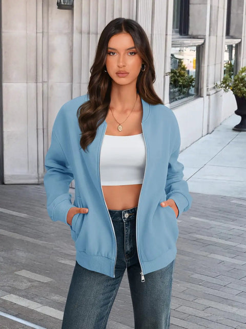 Woman wearing Trendy Long Sleeve Full Zip Sweatshirt Bomber Jackets For Teen Girls Blue Lightweight Soft And Stretchy Loose Fit