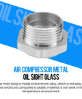Close-up of Three Quarter Inch NPT Air Compressor Oil Sight Glass With Durable Aluminum Alloy Body And Pro Grade Male Thread Liquid Level Gauge