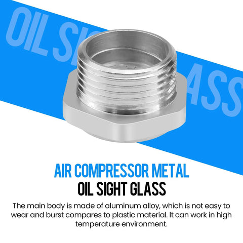Close-up of Three Quarter Inch NPT Air Compressor Oil Sight Glass With Durable Aluminum Alloy Body And Pro Grade Male Thread Liquid Level Gauge
