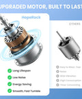 Diagram comparing HopeRock upgraded motor features with others, highlighting longevity and quietness for Ultra Quiet Rock Tumbler Kit