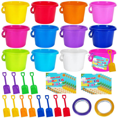 12 Pack Kids Sand Buckets And Shovels Set With 7.48 Inch Buckets And Shovels Bright Beach Toys For Sandbox Fun BPA Free ABS Plastic