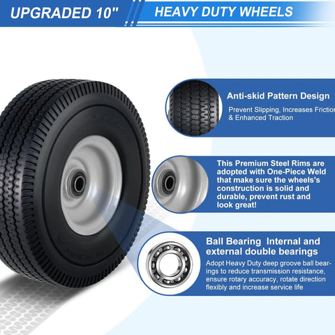 Flat Free Solid PU Run Flat Tire Wheels Set For Hand Trucks And Garden Carts 10x3.50-4 Inch Replacement 2 Pack