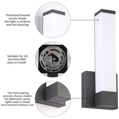 Slick Black Acrylic LED Wall Sconce Light for Bedroom and Hallway 12 Inch Height 12W 4000K showing frosted shade and chassis