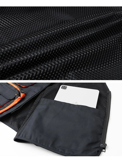 Kickass Lightweight Carpenter Work Vest For Electricians And Woodworkers Featuring Rock Solid Multi Pocket Layout With Durable Heavy Duty Construction In Classic Black fabric close-up with mesh and utility pocket for tools.