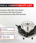 Ready To Roll 2 Piece Front Wheel Hub Bearing Assembly For Ford Explorer 2002 To 2005 Mercury Mountaineer 2002 To 2005 Lincoln Aviator 2003 To 2005 5 Lug Bolts With ABS Front Wheel Hub Replacement Set image showing hub assembly with ABS sensor