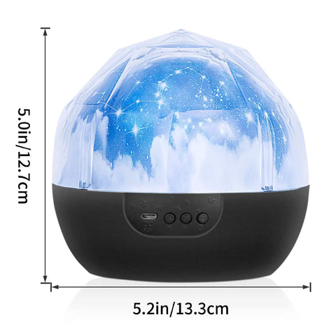 Kids Night Light With Starry Projector Lamp And Universe Glow, showing a black base with starry sky projector, dimensions noted