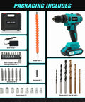 Brushless 21V Cordless Drill Kit With Three Eighths Inch Keyless Chuck 300 InLb Torque Dual Speed 25 Plus 1 Clutch 33 Piece Bit Accessories