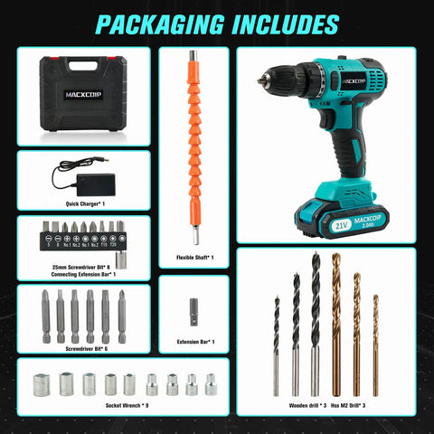 Brushless 21V Cordless Drill Kit With Three Eighths Inch Keyless Chuck 300 InLb Torque Dual Speed 25 Plus 1 Clutch 33 Piece Bit Accessories
