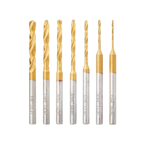 Pro Grade Titanium Coated Rotary Drill Bit Set for Wood Plastics and Soft Metals, 7 Pieces With One Eighth Inch Shank