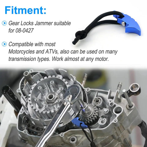Jammer Lock Tool For ATVs And Motorcycles, Works With Most Transmissions And CVT Systems on gear mechanism, close-up view.