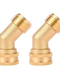 45 Degree Garden Hose Elbow Gooseneck Brass Connector 3/4 Inch GHT To 3/4 Inch No Fuss Stress Relief For RV Water Hoses Heavy Duty Solid Brass Includes Washers 2 Pack For Pressure Washers And Campers, two brass elbows