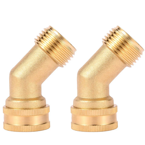 45 Degree Garden Hose Elbow Gooseneck Brass Connector 3/4 Inch GHT To 3/4 Inch No Fuss Stress Relief For RV Water Hoses Heavy Duty Solid Brass Includes Washers 2 Pack For Pressure Washers And Campers, two brass elbows