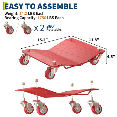 Heavy Duty Wheel Dolly Set Of 4 With 7000 Lbs Capacity Red Steel Dollies For Cars And Trucks Beefy Reinforced Base Smooth Roll Durable Shop Grade Gear For Easy Tire Changes, 15.2 x 11.8 in