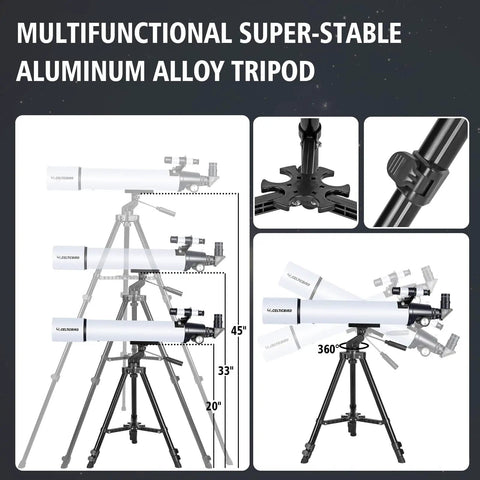 Multifunctional aluminum alloy tripod for High Powered Travel Telescope for Adults with 80mm Aperture and 900mm Focal Length.