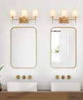 Bathroom with Three Light Gold Vanity Light Fixture With White Fabric Shade For Modern Bathroom, 23 Inch Length, 6.5 Inch Width