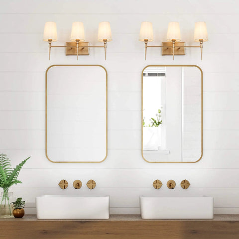 Bathroom with Three Light Gold Vanity Light Fixture With White Fabric Shade For Modern Bathroom, 23 Inch Length, 6.5 Inch Width