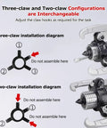 Diagram showing interchangeable three-claw and two-claw setup for Heavy Duty Hydraulic Puller With Manual Pump Gear Puller Threaded 5 10 15 20 30 50 Tons Bearing Separation Tool 2 Or 3 Jaws Vertical And Horizontal Operation Easy Pump Action Built To Last.
