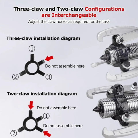 Diagram showing interchangeable three-claw and two-claw setup for Heavy Duty Hydraulic Puller With Manual Pump Gear Puller Threaded 5 10 15 20 30 50 Tons Bearing Separation Tool 2 Or 3 Jaws Vertical And Horizontal Operation Easy Pump Action Built To Last.