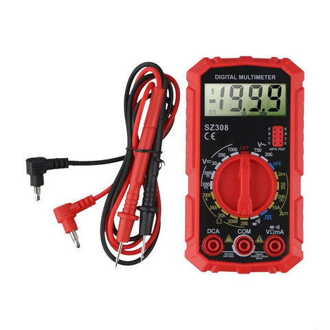 Pro Grade Digital Multimeter SZ308 with LCD display, red case, leads included, for precise AC DC voltage current resistance diode testing
