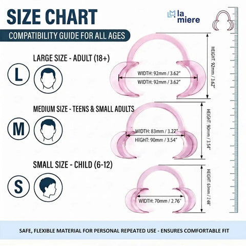 Dental Cheek Retractor Mouth Opener For Teeth Whitening C Shape Autoclavable Clear Pink 3 Pack Small Medium Large Sizes BPA Free For Quick Inside Peek And Sterilization size chart showing pink S M L retractors for child, teen, adult