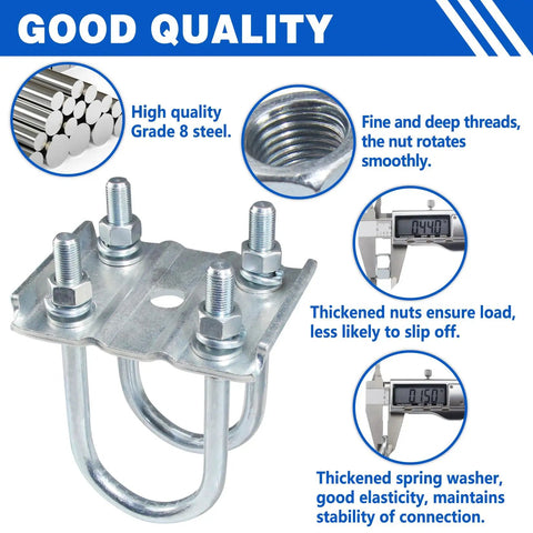 Heavy Duty Trailer U Bolt Kit For 3500 Lb Axles Two Three Eighths Inch Round Eight Piece Set Six And One Quarter Inch Long One Half Inch Diameter With 20 Threads Per Inch For Leaf Spring Mounting On Trailers featuring bolts, nuts, and washers showcasing quality and precise measurements with a durable metal finish.