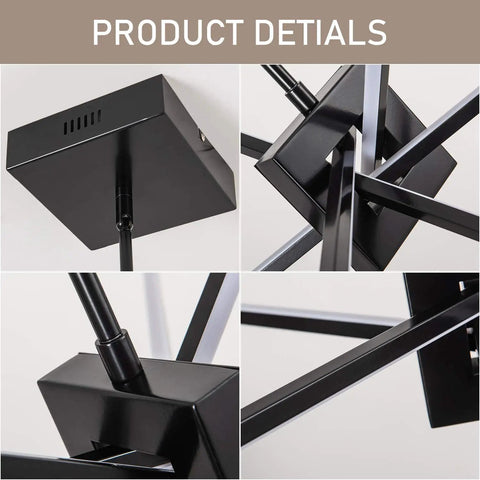 Totally Lit Modern Black LED Chandelier Pendant Light With 8 Light Fixtures close-up of sleek black frame and connections