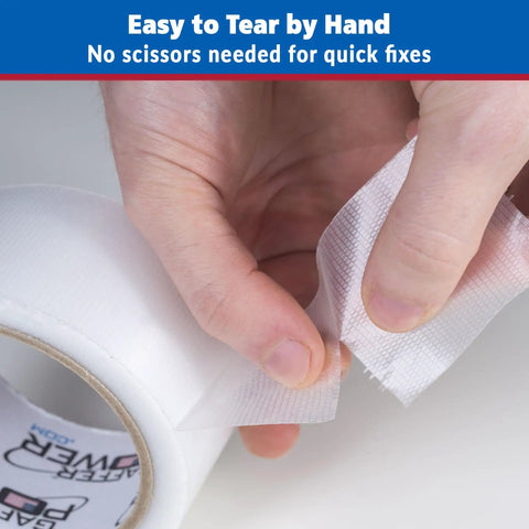 Close-up of hand tearing Clear Repair Tape 2 Inch By 20 Yards Semi Transparent Duct Tape For Discreet Repairs Waterproof Weather Resistant