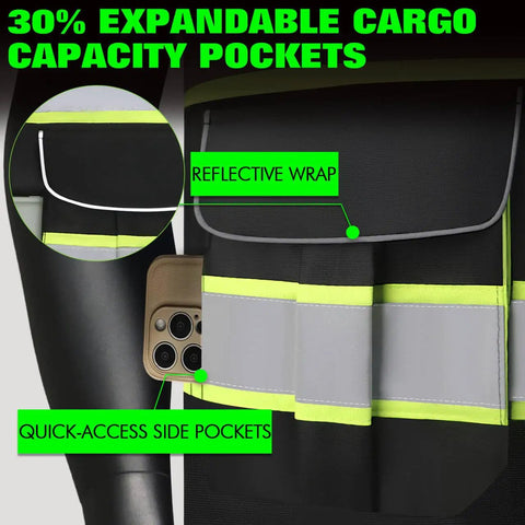 Heavy Duty Ansi Class II High Visibility Safety Vest For Men Custom Printed Logo Reflective Work Gear With Eight Rugged Storage Pockets Black Large Size Top Shelf Durability showcasing quick-access side pockets and reflective wrap.