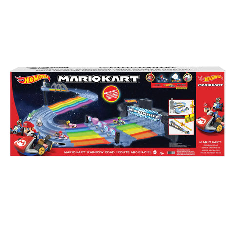 Box of Hot Wheels Mario Kart Rainbow Road Raceway Track Set With Lights And Sounds Eight Foot Long Rainbow Course Stands Over Two Feet High
