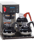 Axiom 15 3 Automatic Commercial 12 Cup Coffee Maker With 3 Lower Warmers In Gray Built For Brew Logic Tech Auto Water Pressure Adjustment Cold Brew Lockout And Warmer Time Out For Fresh Pot Every Time, showing front view with coffee pots, gray color