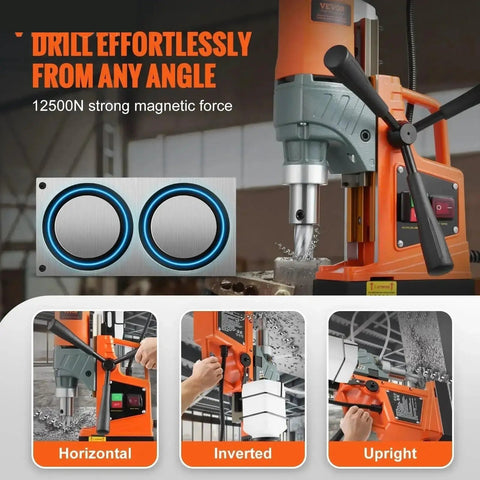 Heavy Duty 1450W Magnetic Drill Press With 2 Inch Boring Capacity And 12500/12800N Magnetic Pull, 800 RPM Portable Electric Mag Drill For Onsite Work showing drill in horizontal, inverted, upright positions.