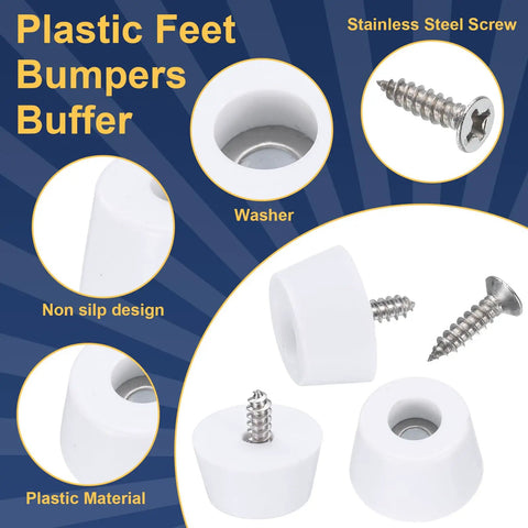 Round Synthetic Rubber Feet Bumpers With Built Threaded Screws Super Grippy Non Slip Cushions, white plastic pads with stainless steel screws.