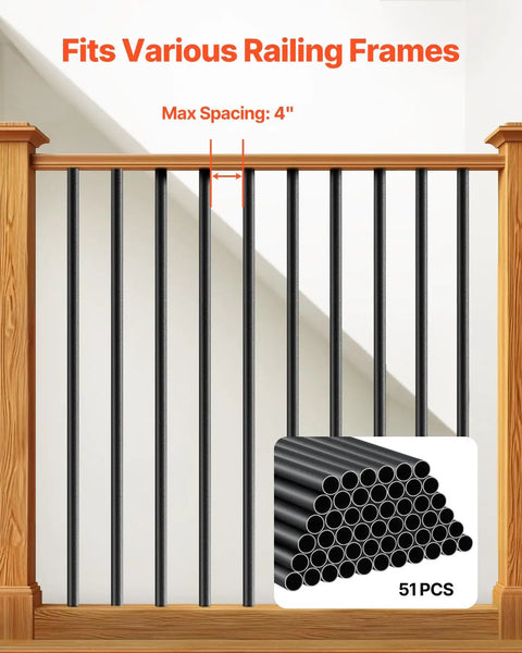 Straight Up Premium Aluminum Deck Balusters 51 Pack, 36 Inch Round Stair Spindles, Rust Proof Black Metal Railings installed in railing
