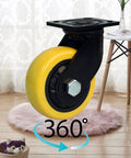 Premium Office Chair Wheels Replacement With Smooth As Butter Silent Casters For Hardwood Floors Carpet And Tile close-up of yellow roller with 360-degree rotation indicator.