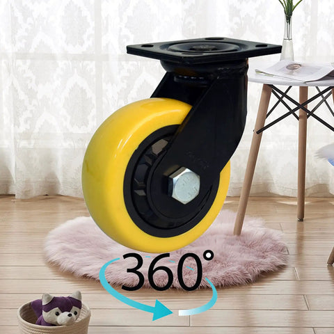 Premium Office Chair Wheels Replacement With Smooth As Butter Silent Casters For Hardwood Floors Carpet And Tile close-up of yellow roller with 360-degree rotation indicator.