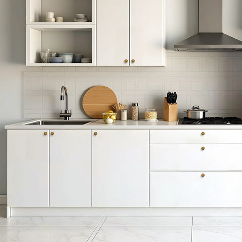 Modern kitchen with white cabinets fitted with 30 Pack Antique Brass Cabinet Knobs 1-1/4 Inch Diameter Round Solid Zinc Alloy Drawer Pulls.