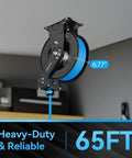 Heavy Duty Retractable Air Hose Reel Featuring Smooth Auto Rewind Action And Sixty Five Foot Industrial Compressor Hose mounted on ceiling.
